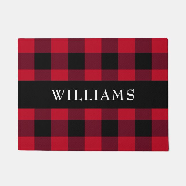 Rustic Red Buffalo Check Family Monogram Doormat (Front)