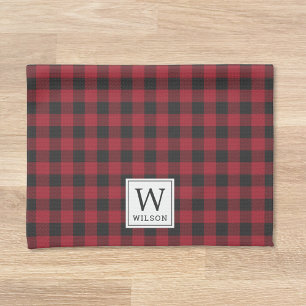 Rustic Red Buffalo Check Monogram Christmas Tea Towel