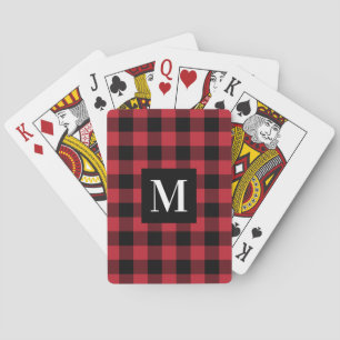 Rustic Red Buffalo Check Monogram Photo Playing Cards