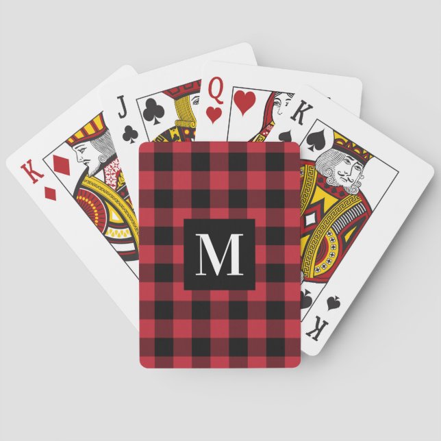 Rustic Red Buffalo Check Monogram Photo Playing Cards (Back)
