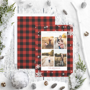 Rustic Red Buffalo Check Snowflake 4 Photo Holiday Card