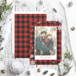 Rustic Red Buffalo Check Snowflake Photo Holiday Card