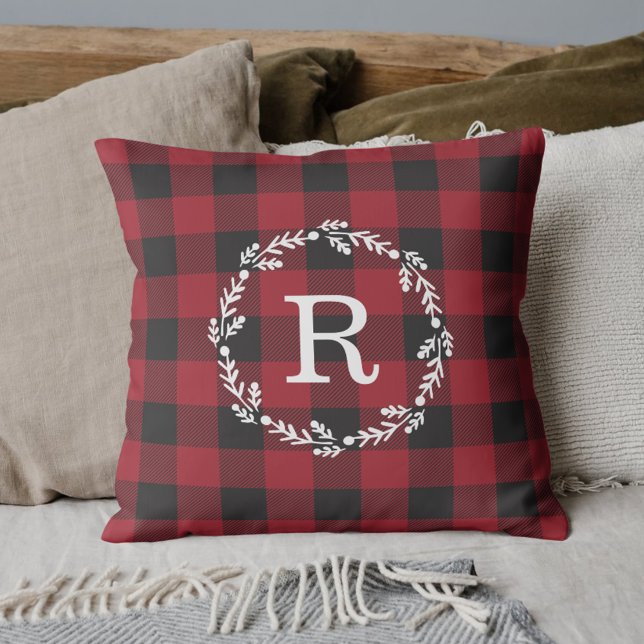 Rustic Red Buffalo Check Winter Wreath Monogram Cushion (Creator Uploaded)