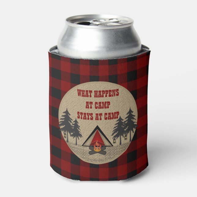 Rustic Red Buffalo Checks Camp Camping Name Can Cooler (Can Front)