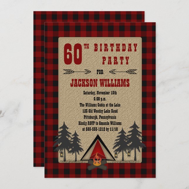 Rustic Red Buffalo Checks Camping Birthday Party Invitation (Front/Back)