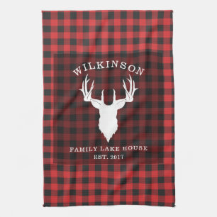 Rustic Red Buffalo Family Plaid Lake Tea Towel