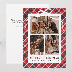 Rustic Red Buffalo Plaid 3 Photo Collage Christmas Holiday Card