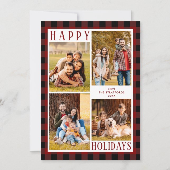 Rustic Red Buffalo Plaid 4 Photo Collage Holiday Card (Front)