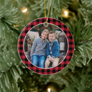 Rustic Red Buffalo Plaid Christmas Family Photo Ceramic Ornament