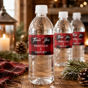 Rustic Red buffalo plaid Christmas winter wedding Water Bottle Label