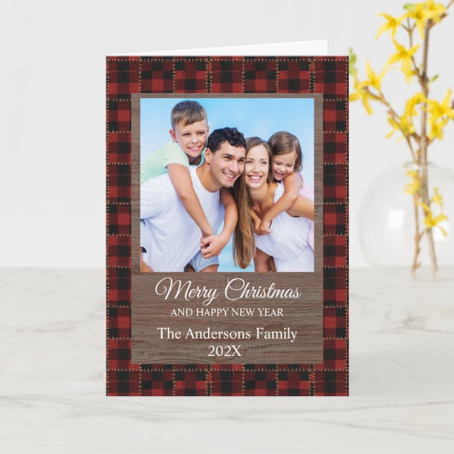 Rustic Red Buffalo Plaid Customisable Family Photo Card (Yellow Flower)