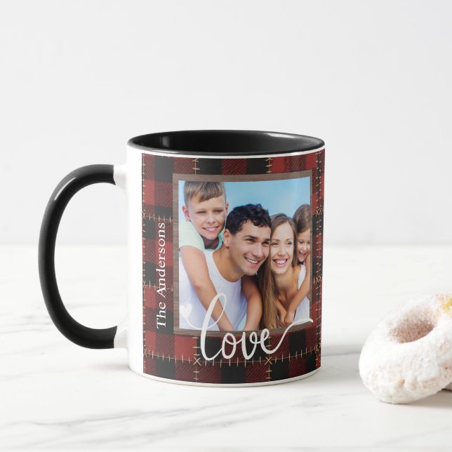 Rustic Red Buffalo Plaid Customisable Family Photo Mug (With Donut)
