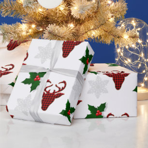 Rustic Red Buffalo Plaid Deer Snowflake and Holly  Wrapping Paper