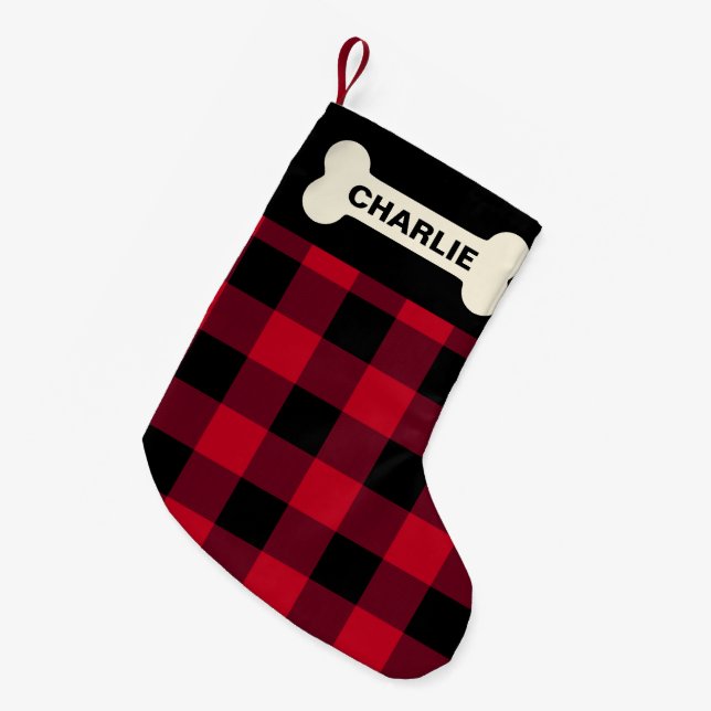 Rustic Red Buffalo Plaid Dog Bone Custom Name Small Christmas Stocking (Front (Hanging))