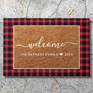 Rustic Red Buffalo Plaid Family Name Coir Welcome Doormat