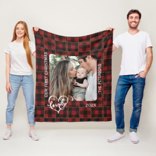 Rustic Red Buffalo Plaid First Christmas Family Fleece Blanket