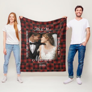 Rustic Red Buffalo Plaid First Christmas Married Fleece Blanket