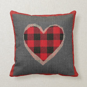 Rustic Red Buffalo Plaid Heart Burlap Faux Lace Cushion