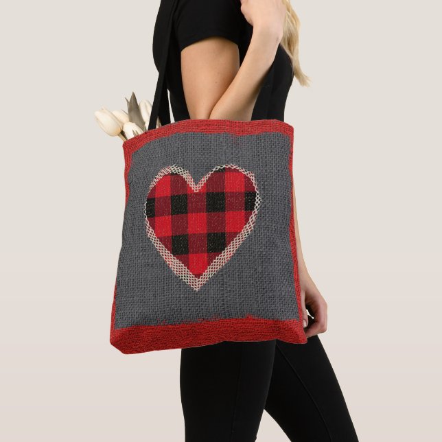 Rustic Red Buffalo Plaid Heart Burlap Faux Lace Tote Bag (Close Up)