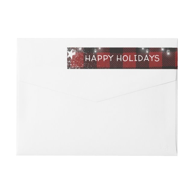 Rustic Red Buffalo Plaid Holiday String Lights Wrap Around Label (Back)