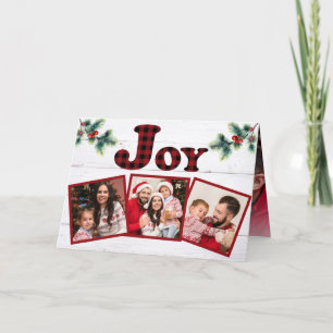 Rustic Red Buffalo Plaid Joy 4 Photo Greenery Holiday Card