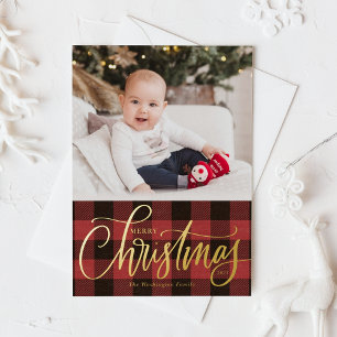 Rustic Red Buffalo Plaid Merry Christmas Photo Foil Holiday Card
