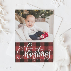 Rustic Red Buffalo Plaid Merry Christmas Photo Holiday Card