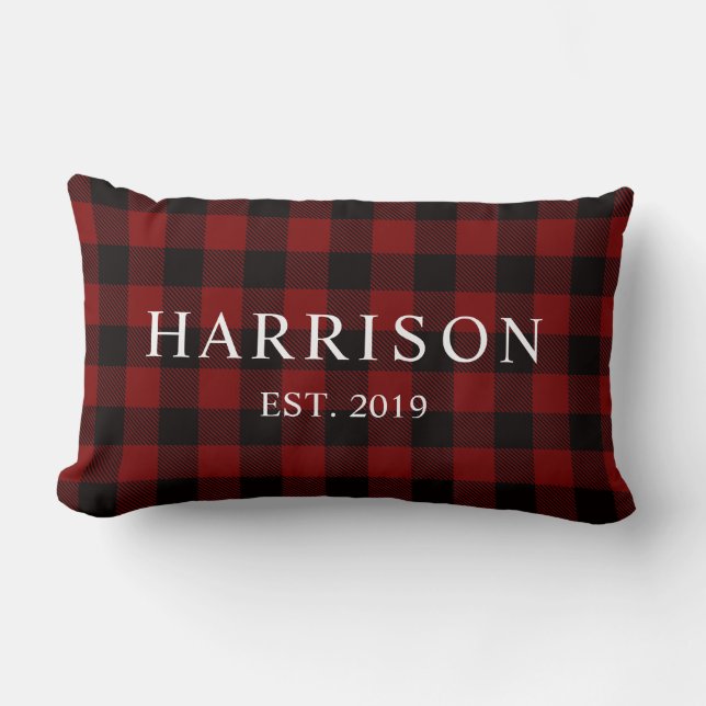 Rustic Red Buffalo Plaid Modern Names Established Lumbar Cushion (Front)
