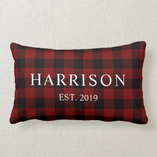 Rustic Red Buffalo Plaid Modern Names Established Lumbar Cushion