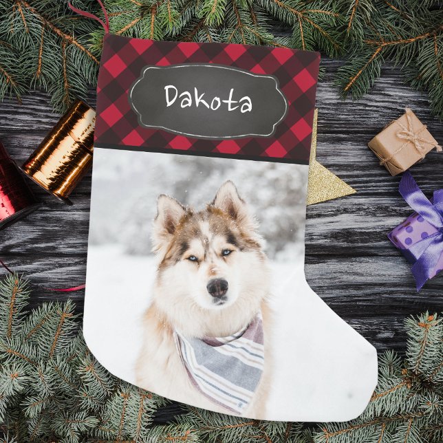 Rustic Red Buffalo Plaid Personalised Pet Photo Small Christmas Stocking (Creator Uploaded)