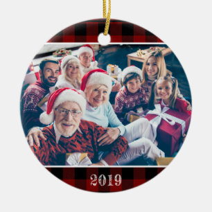 Rustic Red Buffalo Plaid Photo Christmas Family Ceramic Ornament