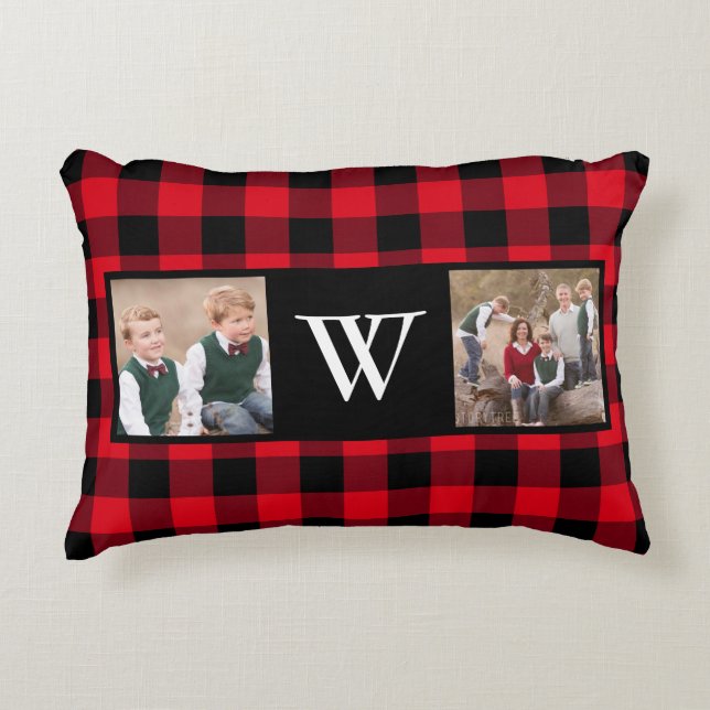 Rustic Red Buffalo Plaid Photo Collage Monogram Decorative Cushion (Front)