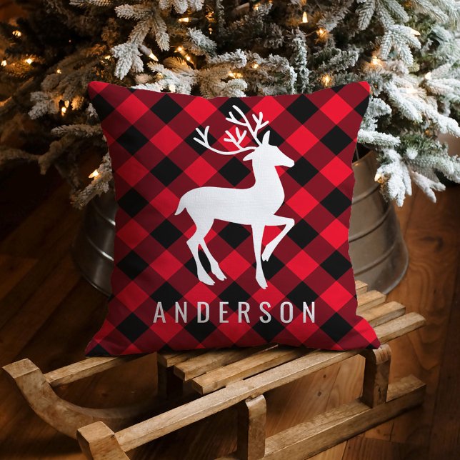 Rustic Red Buffalo Plaid Reindeer Monogram Cushion (Creator Uploaded)
