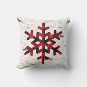 Rustic Red Buffalo Plaid Snowflakes on Birch  Cushion