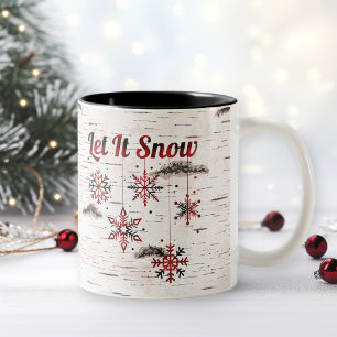 Rustic Red Buffalo Plaid Snowflakes on Birch Two-Tone Coffee Mug