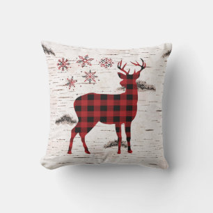 Rustic Red Buffalo Plaid Snowflakes-Reindeer Cushion