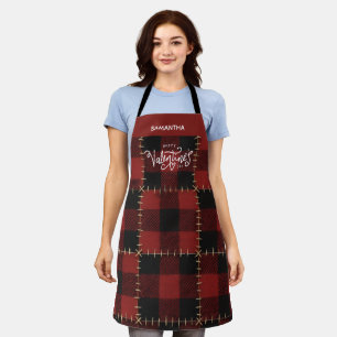 Rustic Red Buffalo Plaid Valentines Day Name Apron