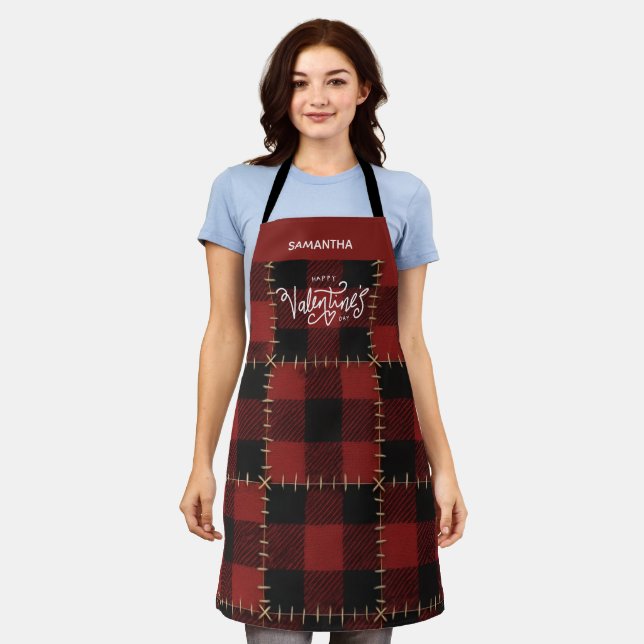 Rustic Red Buffalo Plaid Valentines Day Name  Apron (Worn)