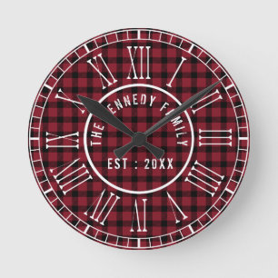 Rustic Red Buffalo Plaid White Roman Numerals Round Clock