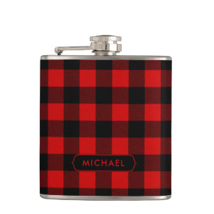 Rustic Red Buffalo Plaid with Any Name Hip Flask