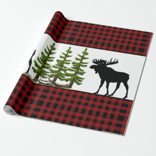 Rustic Red Buffalo Plaid with Moose Silhouette Wrapping Paper