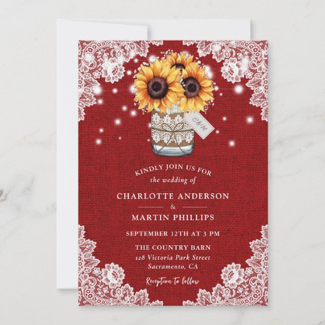 Rustic Red Burlap Lace Mason Jar Sunflower Wedding Invitation (Front)
