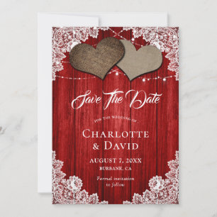 Rustic Red Burlap Lace Wedding Save The Date Card