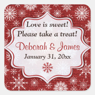 Rustic Red Burlap Snowflakes Wedding Favour Sticke Square Sticker