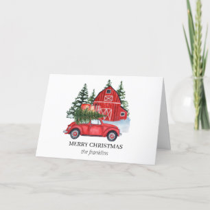 Rustic Red Car Merry Christmas Tree Barn Snow  Holiday Card