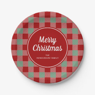 Rustic Red Checked Buffalo Plaid Merry Christmas Paper Plate