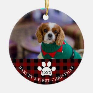 Rustic Red checked Dog's First Christmas Photo Ceramic Ornament