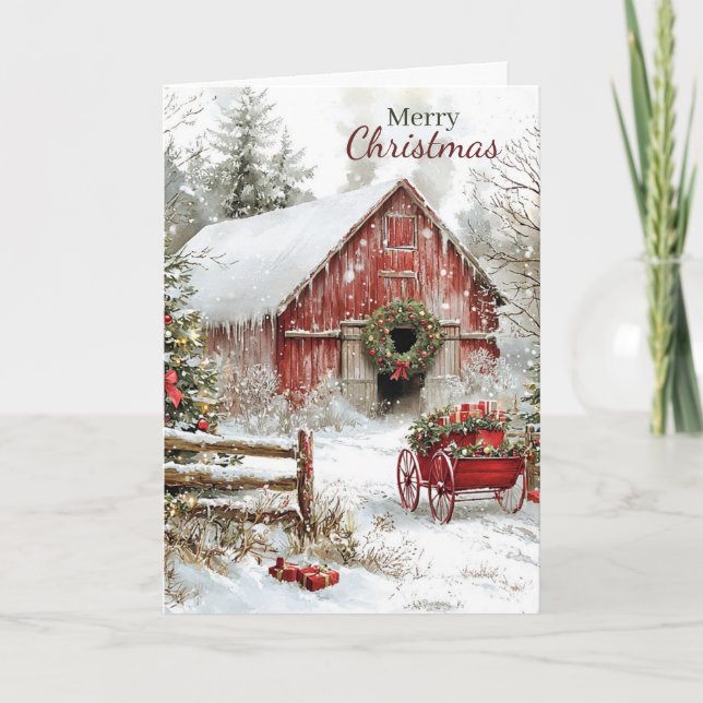 Rustic Red Christmas Barn and Wagon Holiday Card (Front)