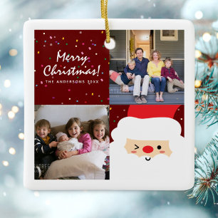 Rustic Red Christmas Confetti & Santa Family Photo Ceramic Ornament