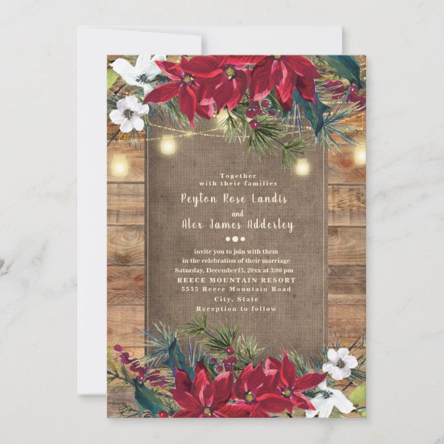Rustic Red Christmas FlowersTwinkle Light Invitation (Front)